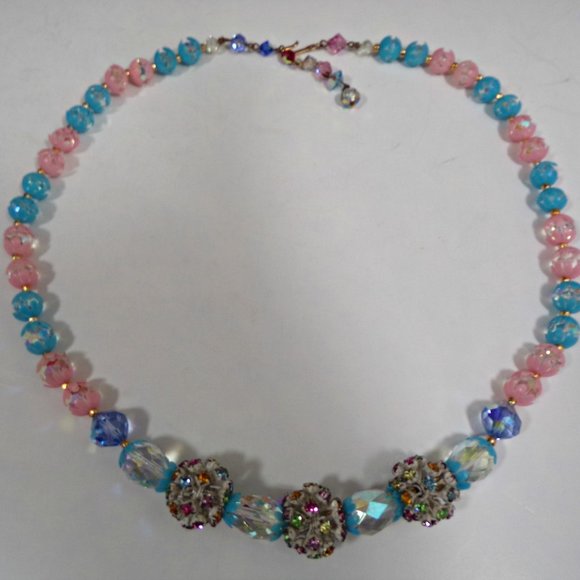 AB Crystals Pink Blue Petals Rhinestone Necklace - Picture 1 of 5